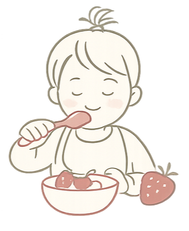 A cute illustration of a child eating strawberries from a bowl, with a strawberry placed on the table nearby.
