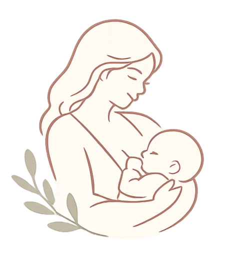 Line drawing of a woman holding a baby to her chest, with a small branch with leaves at the bottom left corner.