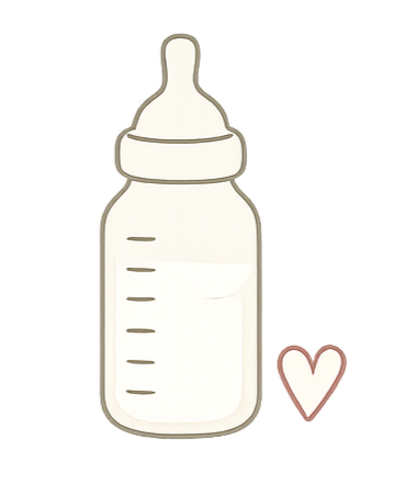 Illustration of a baby bottle with measurement markings and a heart symbol beside it.