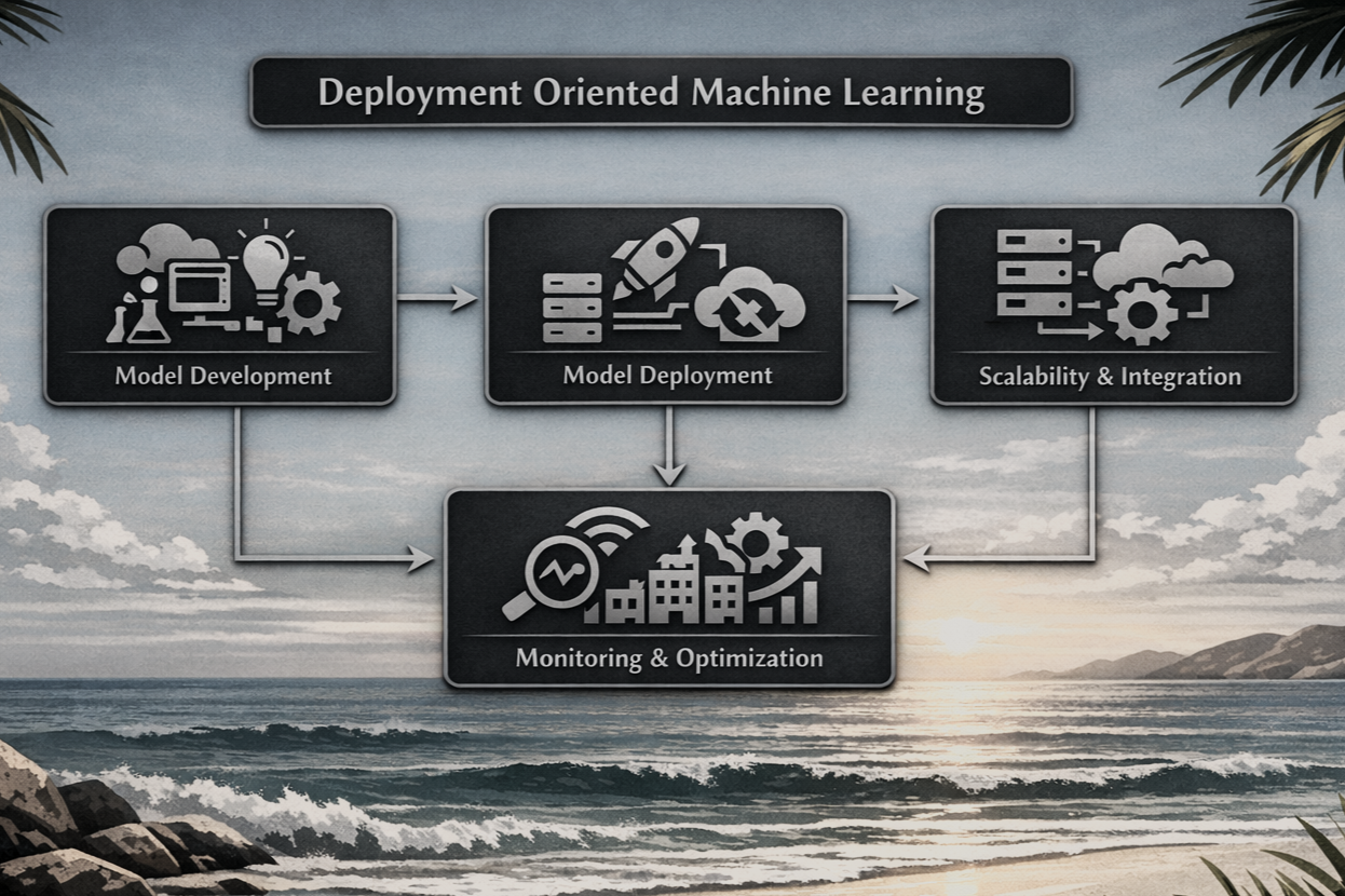 Deployment-oriented machine learning diagram showcasing flow of applying ML techniques to real-world applications and the fine-tuning loop.