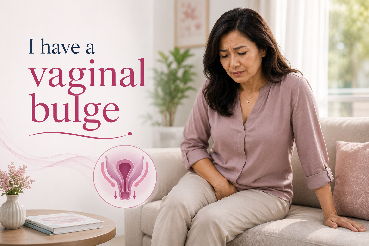 A woman sitting on a sofa clutching her lower abdomen, looking concerned. The image indicates she has a vaginal bulge with informational text and an illustration of female anatomy.