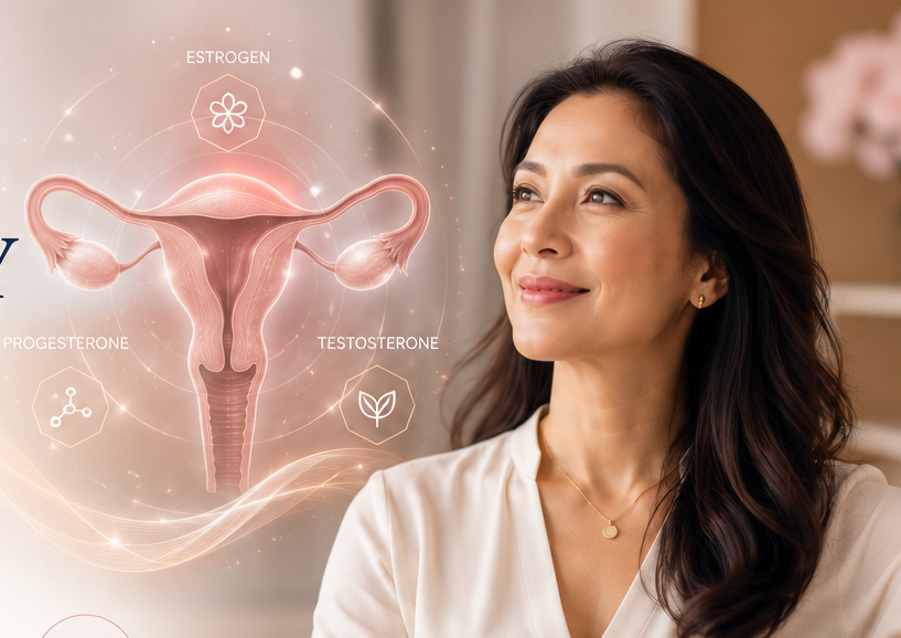 Woman smiling and looking to the side with an illustrated diagram of the female reproductive system, highlighting estrogen, progesterone, testosterone, and a leaf symbol.