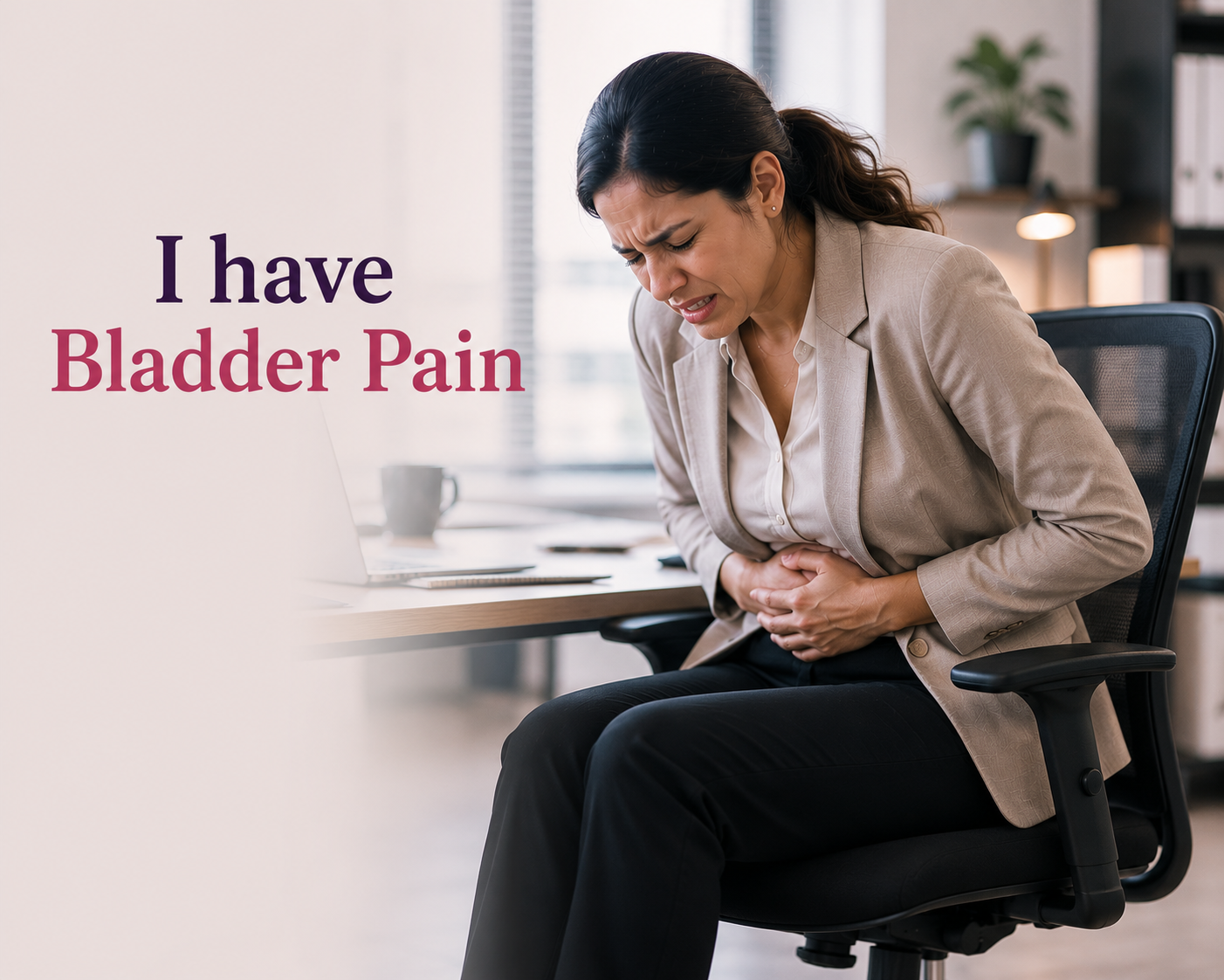 A woman in business attire sitting in an office chair clutching her stomach with a pained expression. The image includes text that reads, 'I have Bladder Pain'.