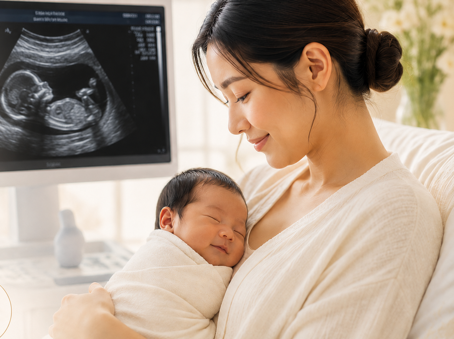 A woman with dark hair in a bun holding a sleeping baby against her chest, sitting next to an ultrasound monitor displaying a sonogram of a fetus, in a bright room with a bouquet of flowers in the background.