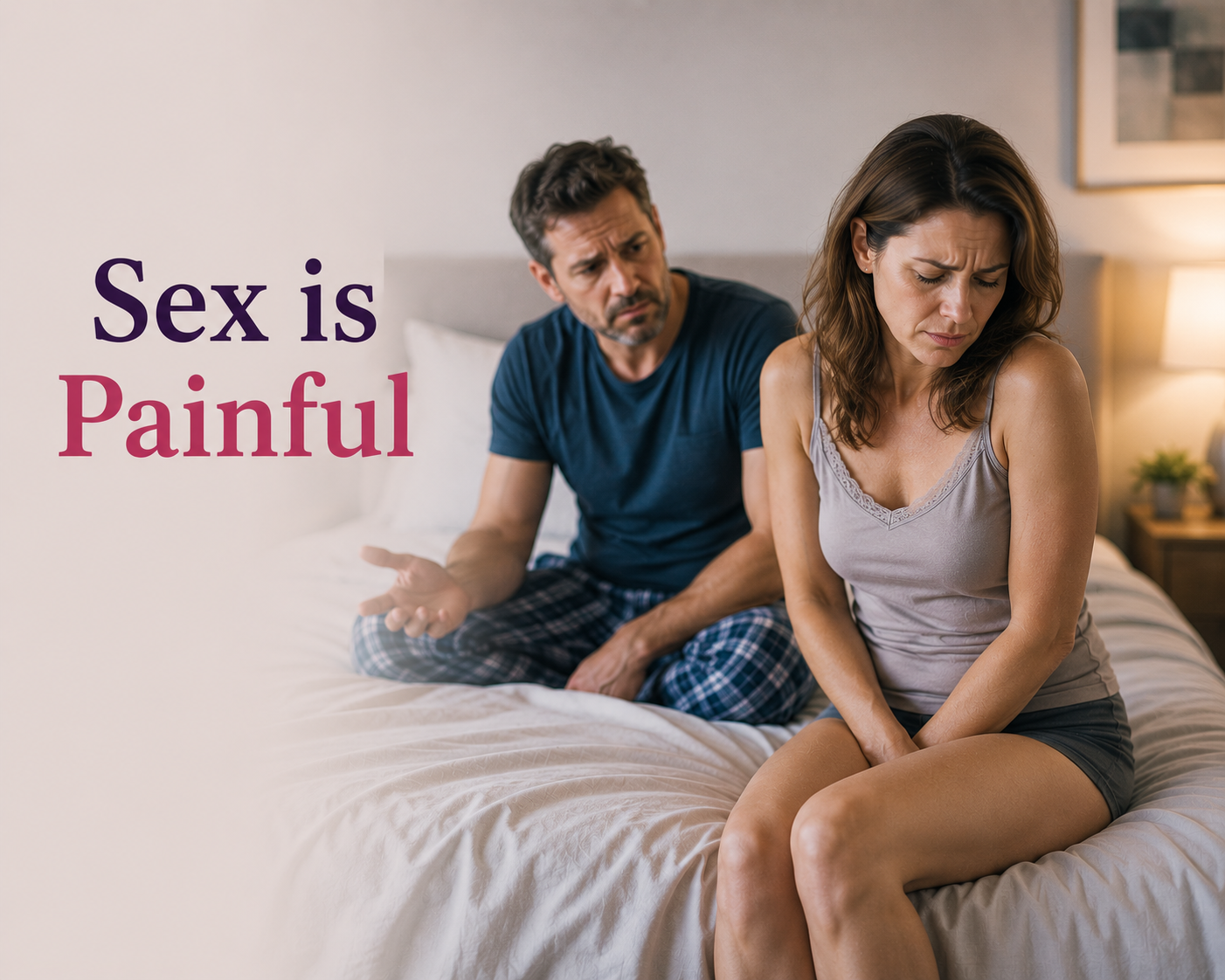 A distressed couple sitting on a bed, with the woman looking upset and the man appearing confused or frustrated. The text overlay reads 'Sex is Painful'.