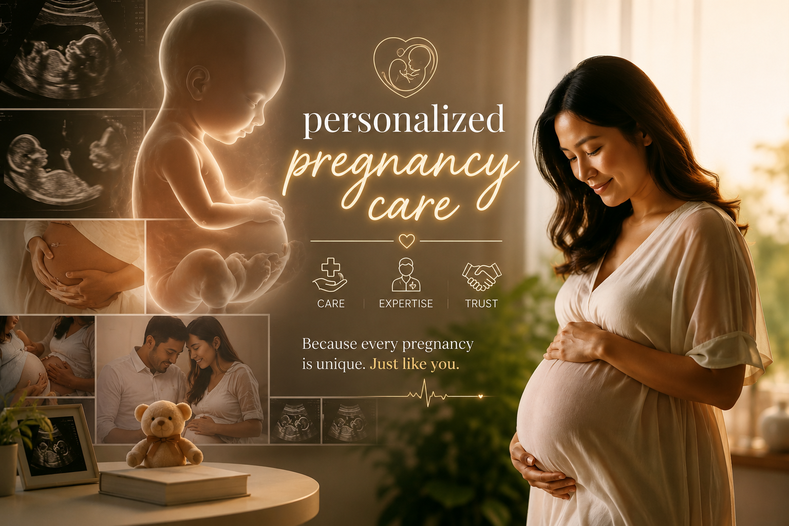 A pregnant woman is gently cradling her belly while standing in a warmly lit room. To her left, a digital display shows an ultrasound image and a glowing outline of a fetus, along with text promoting personalized pregnancy care, highlighting care, expertise, and trust. Smaller photos on the display include a close-up of a pregnant woman with her partner, an ultrasound image, and a photo of a doctor with a woman. A table in the foreground holds a teddy bear, a framed ultrasound photo, and a book. The background has a window with natural light and greenery outside.