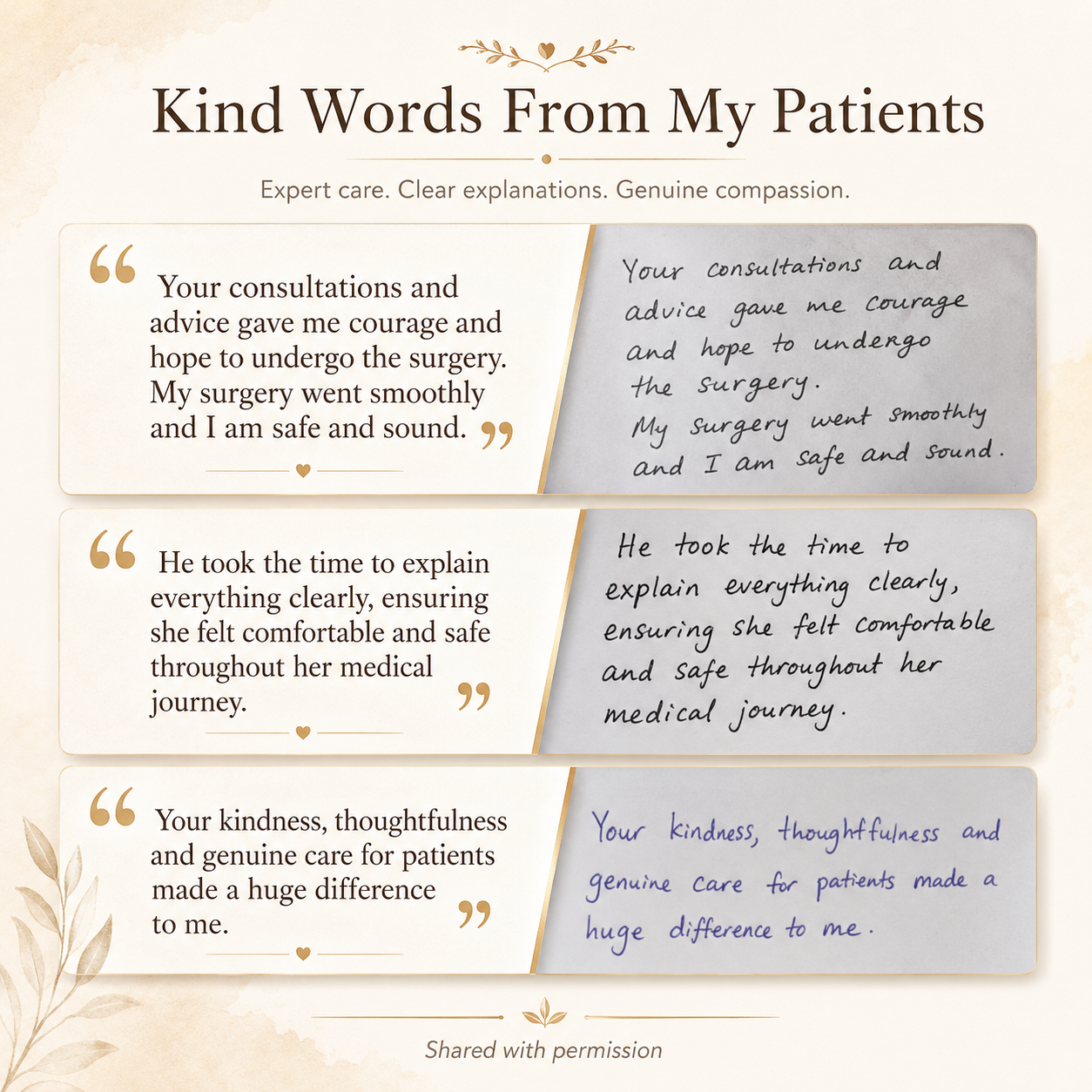 A poster titled "Kind Words From My Patients" showing three patient testimonials with handwritten notes on a light background decorated with leaves, sharing positive feedback about a medical care provider.