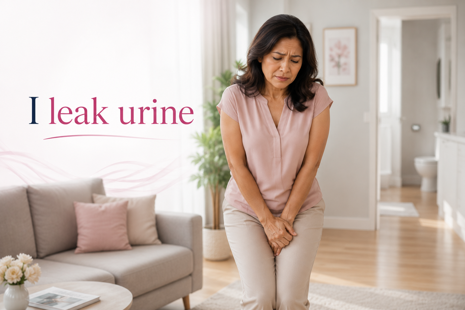 A woman holding herself in discomfort in a living room with an overlaid text that reads 'I leak urine'.