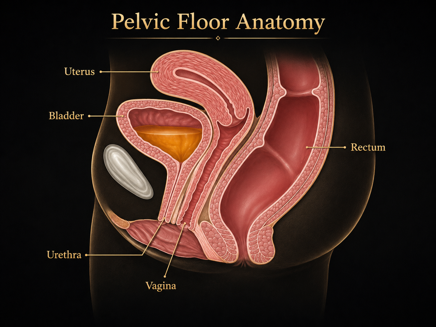 Diagram of female pelvic floor anatomy showing uterus, bladder, rectum, vagina, and urethra in the pelvis.