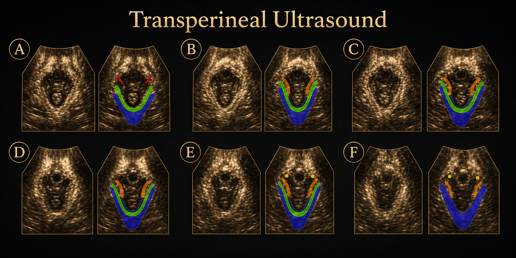 Diagram of transperineal ultrasound images showing different stages and views of the prostate with colored overlays highlighting specific areas.