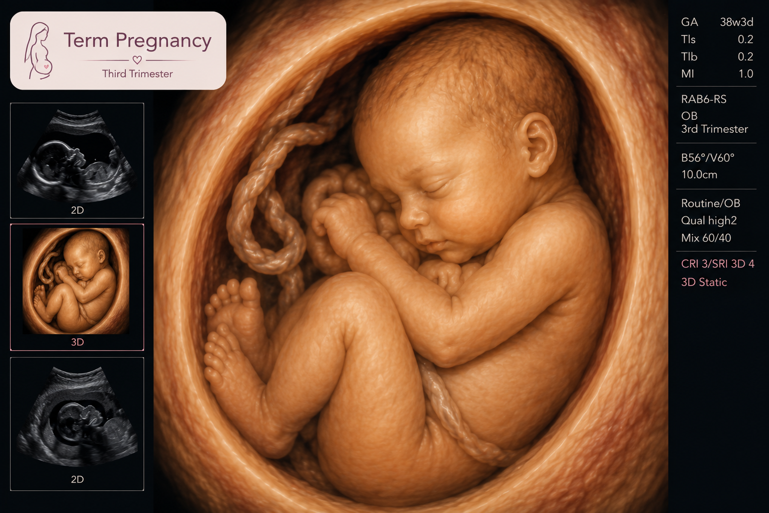 3D ultrasound image of a fetus in the third trimester of pregnancy, showing the baby curled up inside the womb with detailed skin texture and limbs.