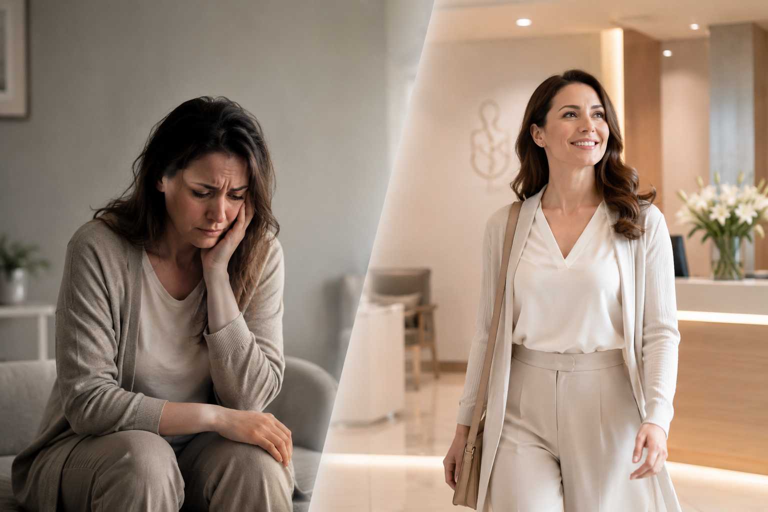 A split-screen image showing two women. The woman on the left appears distressed, sitting on a couch with her hand on her face, looking down. The woman on the right is smiling confidently, standing in a modern reception area with flowers in the background.