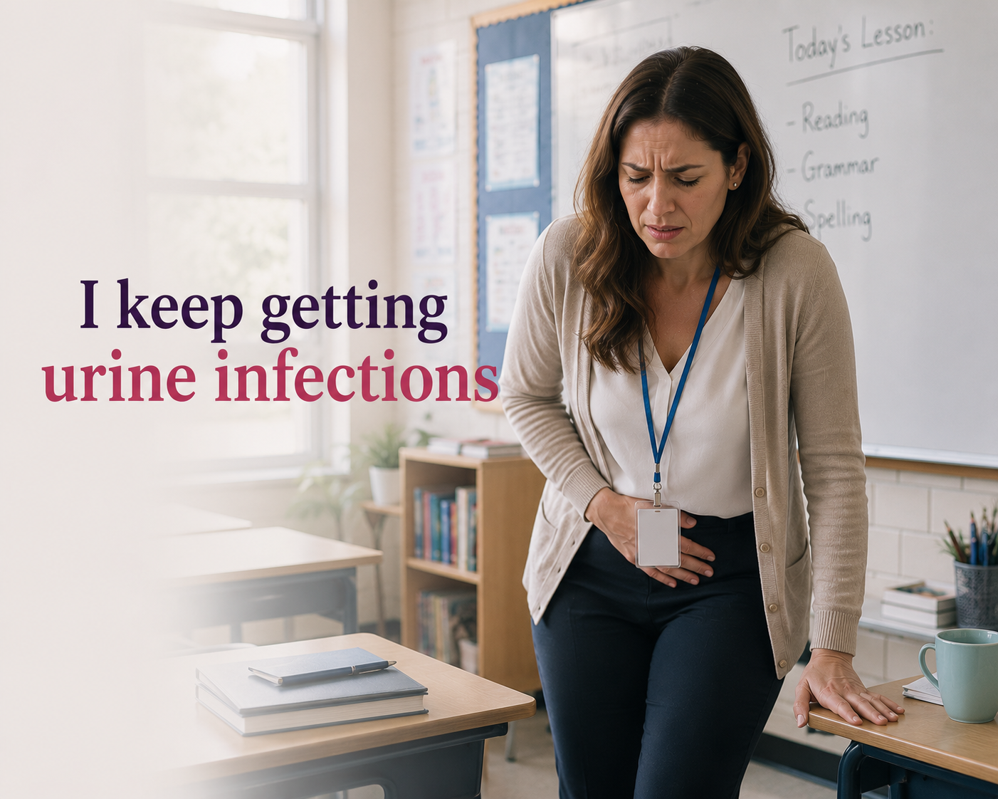 A woman in a classroom leaning on a desk, holding her stomach with a pained expression. Whiteboard in the background lists today's lesson topics. Text overlay says: 'I keep getting urine infections.'