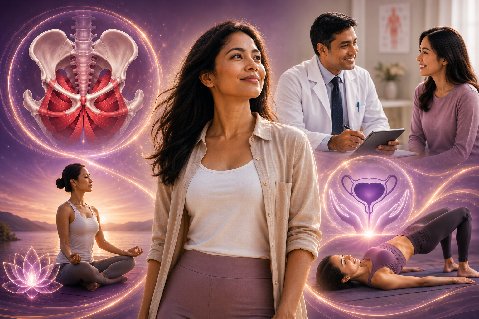 A woman in the foreground looks content with her eyes closed. In the background, a doctor and a woman are having a consultation. There are digital illustrations of a pelvis, bladder, and a woman meditating near a lake at sunset, along with a woman practicing yoga and a woman performing a bridge pose, all surrounded by glowing, swirling lines.