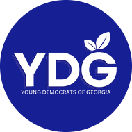 Blue circular logo with white text reading 'YDG' and a small leaf icon, representing the Young Democrats of Georgia.