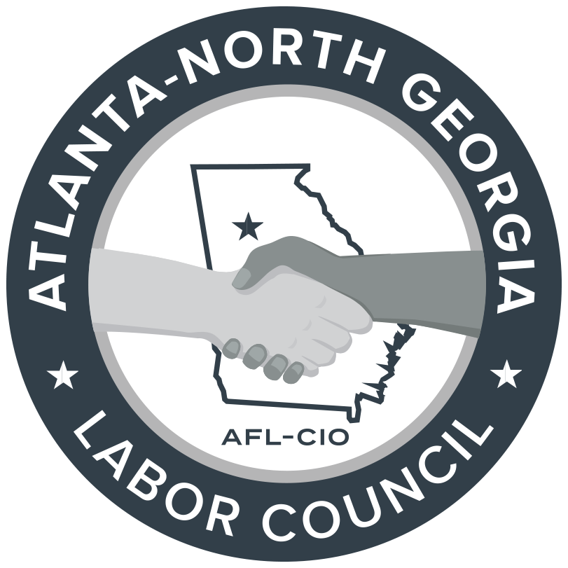 Seal of the Atlanta-North Georgia Labor Council AFL-CIO featuring two shaking hands over a map outline of Georgia with a star in the northern region.