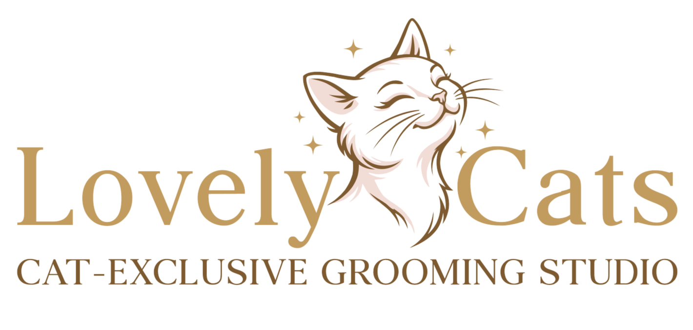 Logo for Love My Cats Cat Exclusive Grooming Studio featuring a stylized, open-mouthed happy cat with stars around its head.