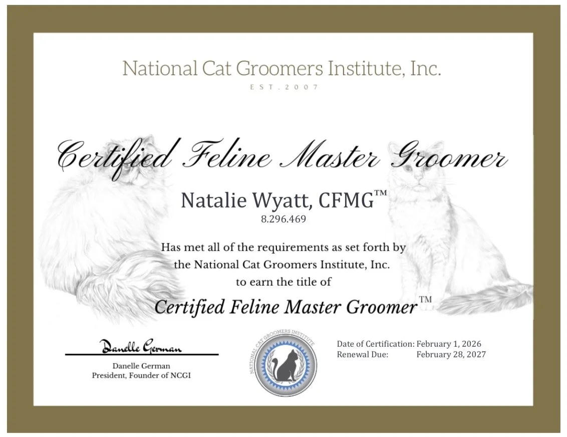 Certificate from the National Cat Groomers Institute for Natalie Wyatt, certifying as a Certified Feline Master Groomer, serving Sterling Heights, Clinton Township, Warren, Roseville, Shelby Township, Washington, Macomb.