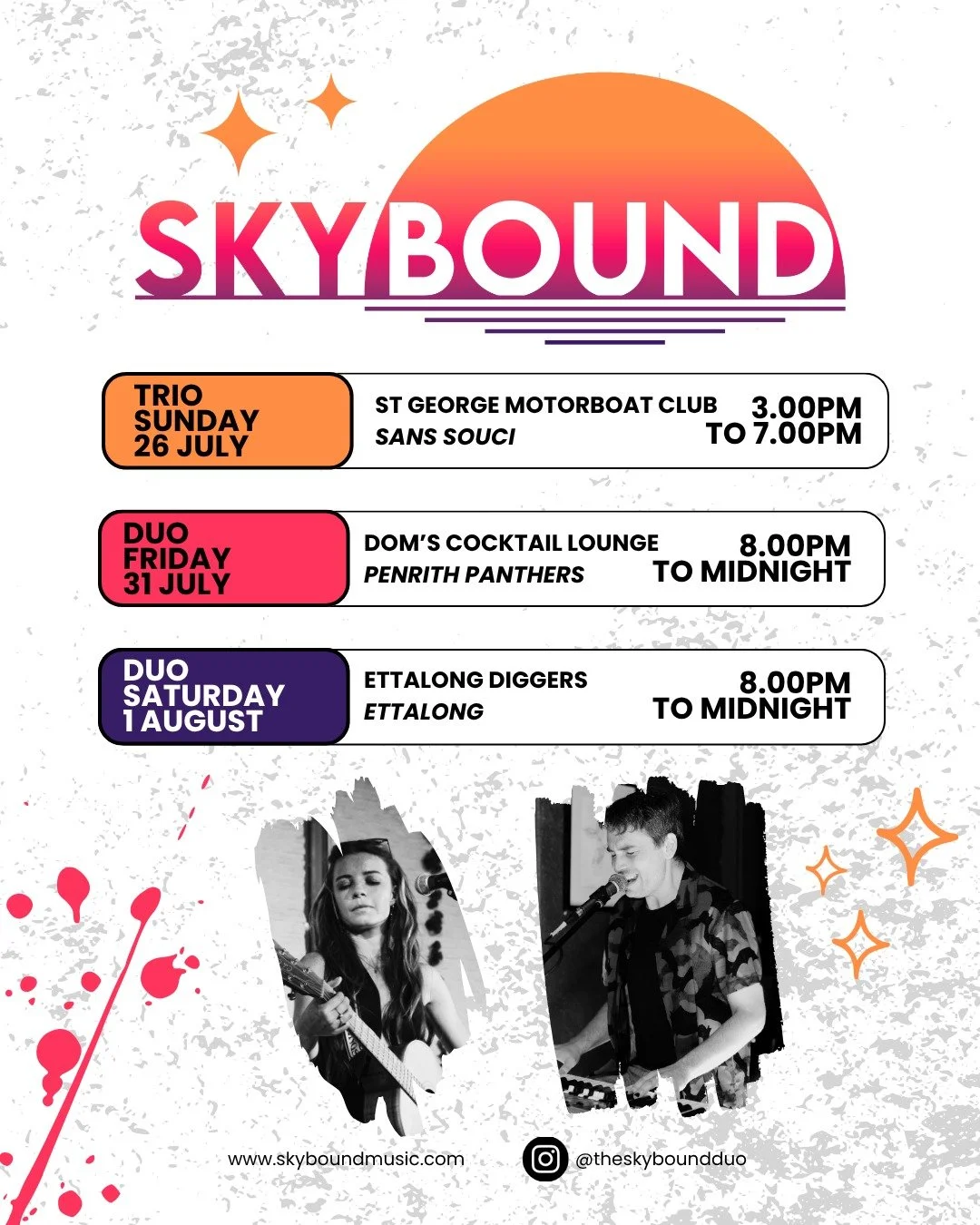 More upcoming dates for both SkyBound duo and trio over the next two weeks, kicking off with an upbeat trio set at the St George @motorboatclub 🛥️ this Sunday, a smooth and chic cocktail night with the SkyBound duo at @domscocktaillounge 🍸🍹 on Fri