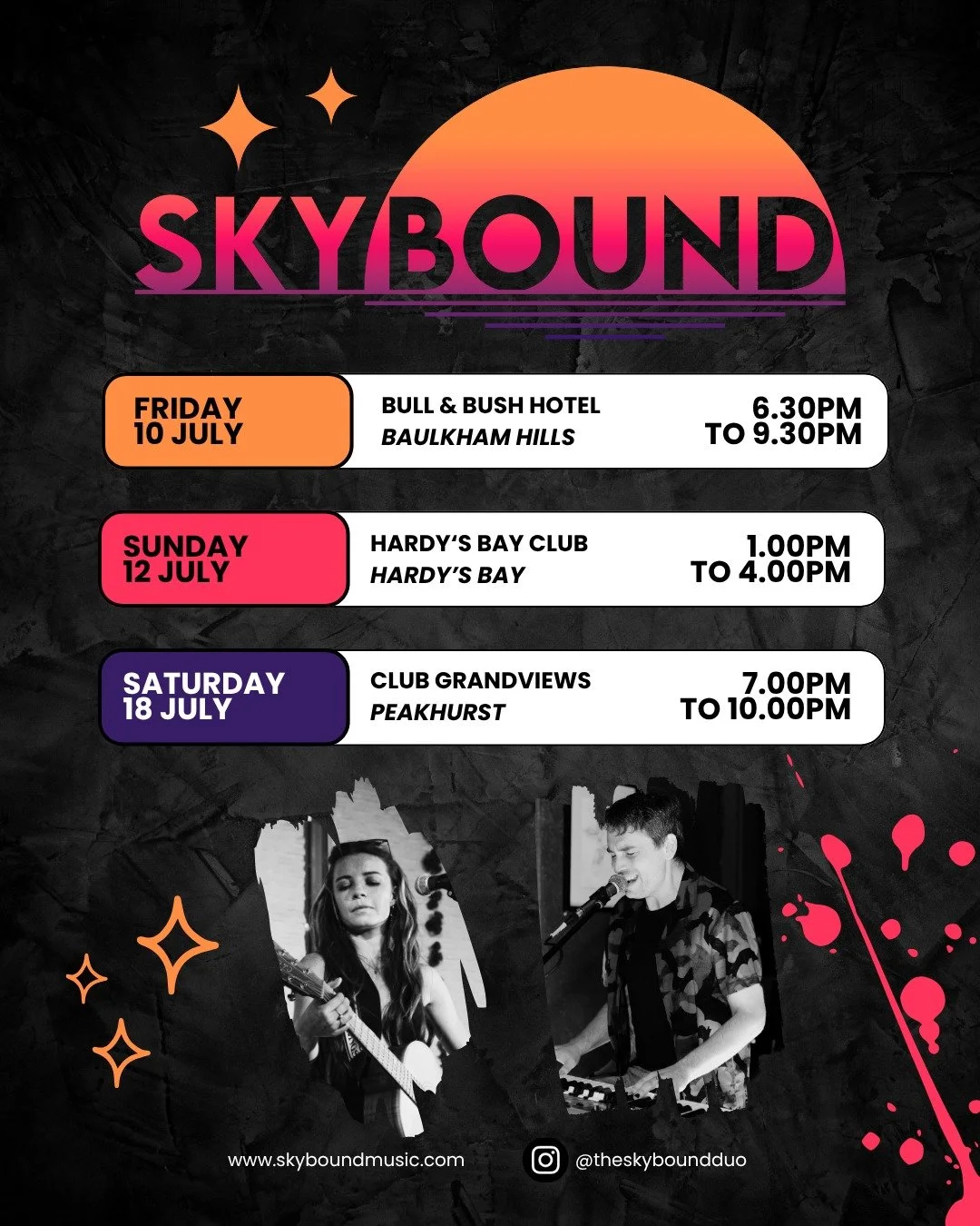 More SkyBound duo performances across Sydney's July weekends! ✨🎶

Looking forward to seeing you at the lively @bullandbushhotel 🍻 this coming Friday night, the gorgeous @hardysbayclub 🌴 on Sunday afternoon and the awesome @clubgrandviews 😎 on Sat
