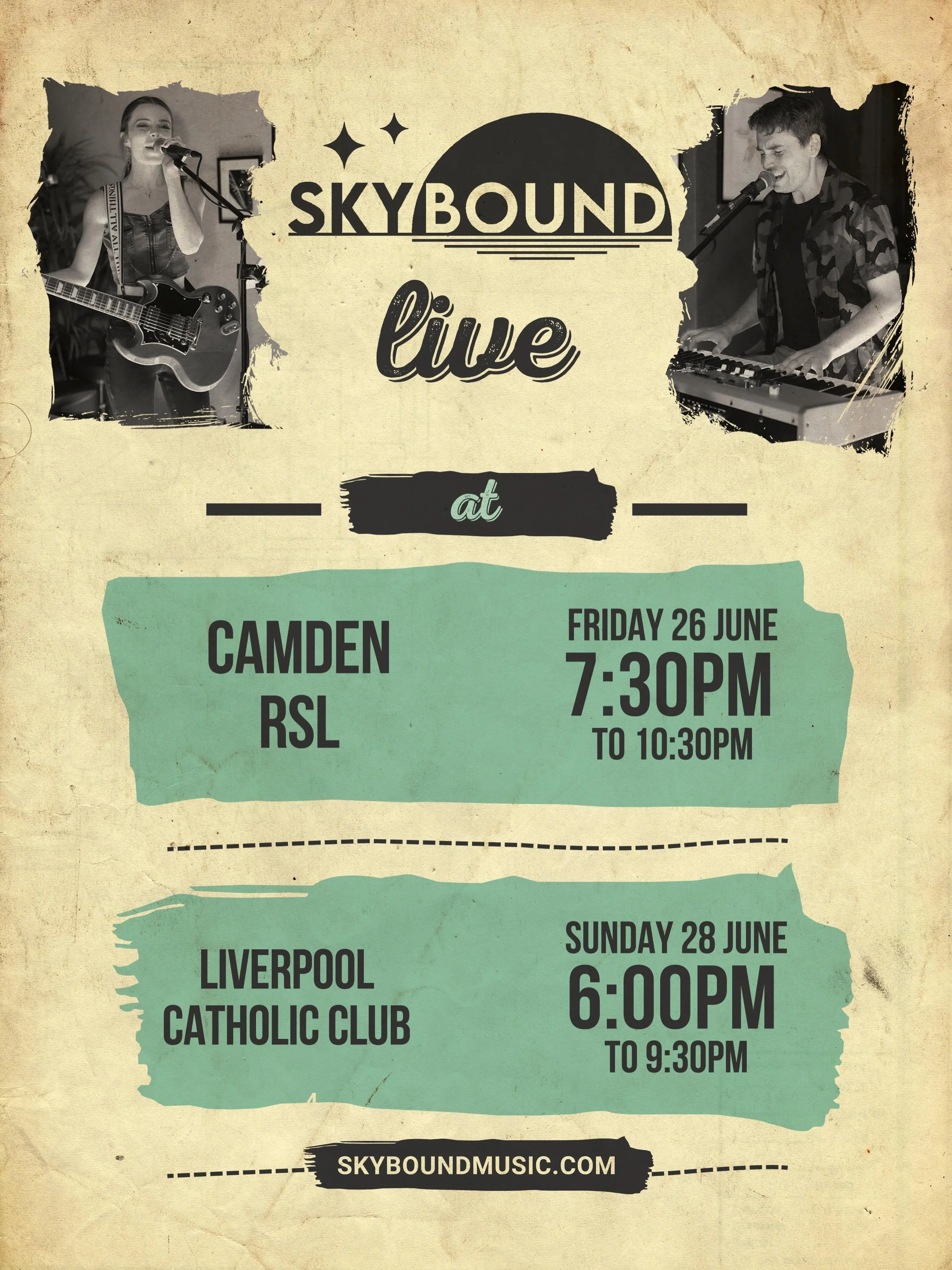 A full weekend of music coming up 🎶 with the SkyBound duo at @camdenrsl on Friday, @liverpoolcatholicclub on Sunday, and an awesome Saturday night at the @baldrockhotel with the outstanding @theloungephonics band - we&rsquo;ll see you there! 🤘🏻😃?