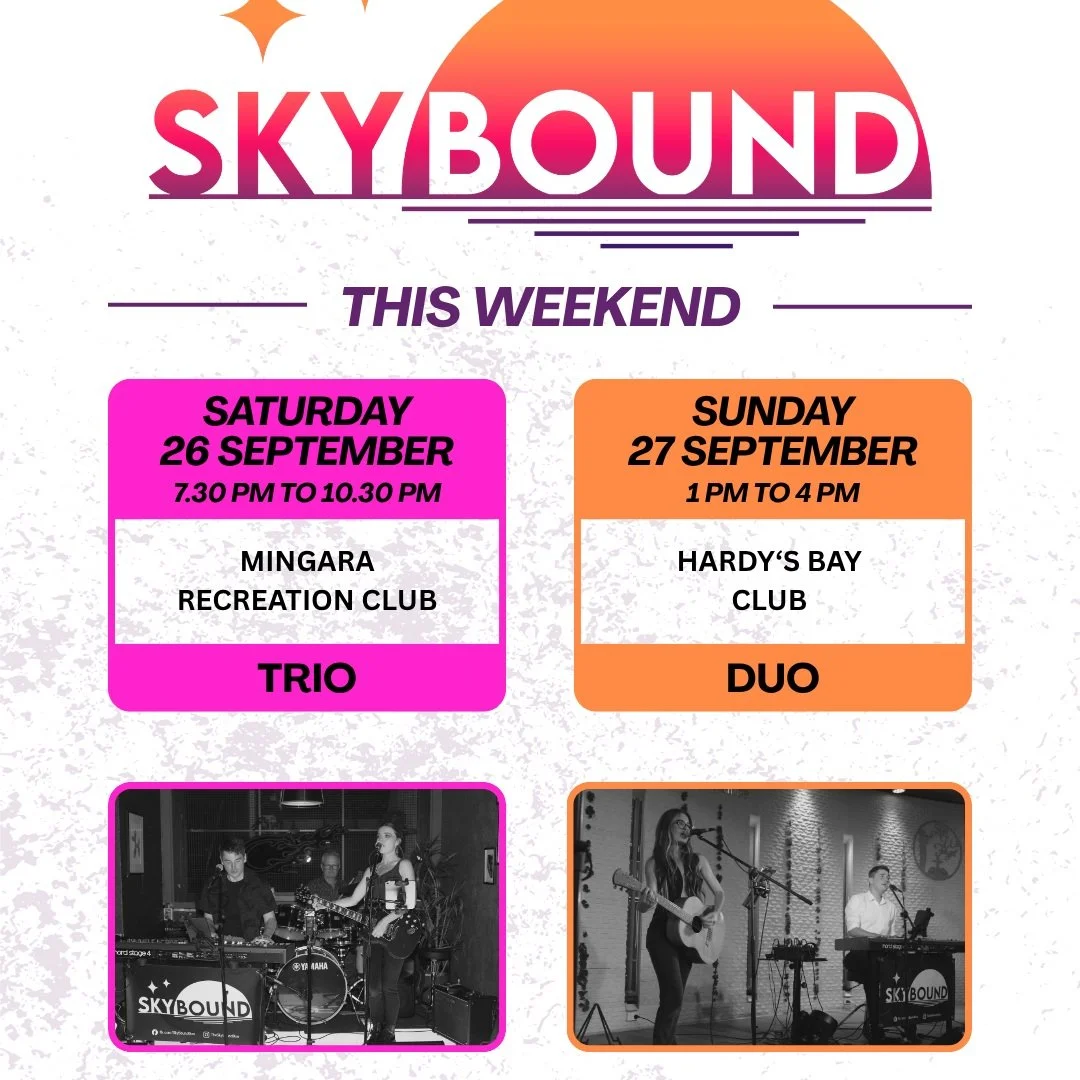 Coastie music! Join the SkyBound trio on September 26 at Hadley's at the lively Mingara Recreation Club 🏖️ ( @mingaraclub ) for an upbeat Saturday night, then see the SkyBound Duo on September 27 at the awesome Hardy's Bay Club 🌴 ( @hardysbayclub )