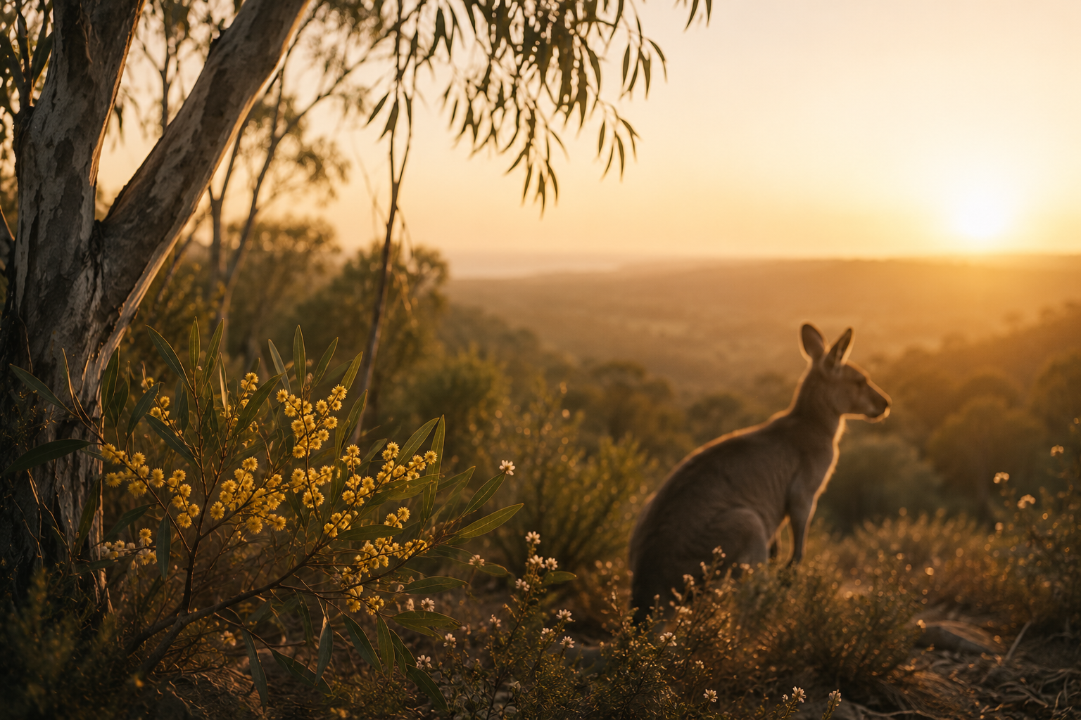 Kangaroo sitting in a natural landscape during sunset, surrounded by trees and bushes with yellow flowers, with a warm golden light illuminating the scene.