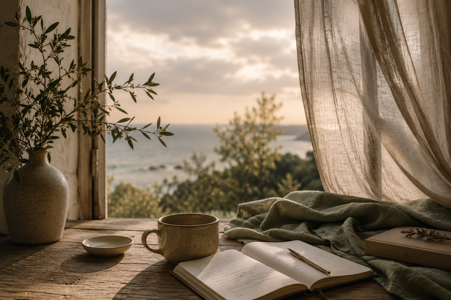 A rustic wooden table with an open notebook, a gold pen, a mug, a small dish, and a closed book with a branch on top. A potted plant sits on the windowsill. The window is draped with sheer curtains, and a scenic view of trees and the ocean at sunset is visible outside.
