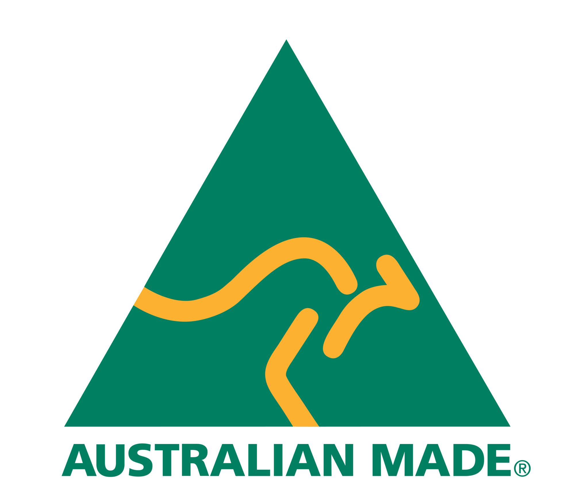 Triangle logo with green background and yellow curved lines, with text below that reads 'Australian Made'