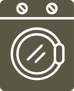 Illustration of a washing machine with two dials and a circular door.