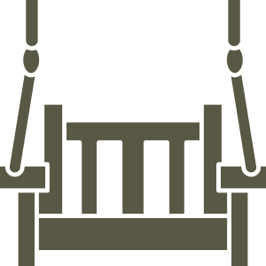 A black swing with a flat seat and ropes, hanging from a frame, set against a transparent background.