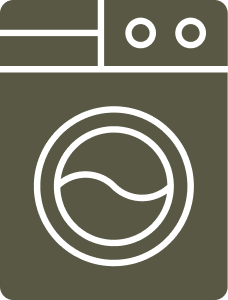 Simplified drawing of a front-loading washing machine with two control buttons or knobs at the top and a circular door in the middle