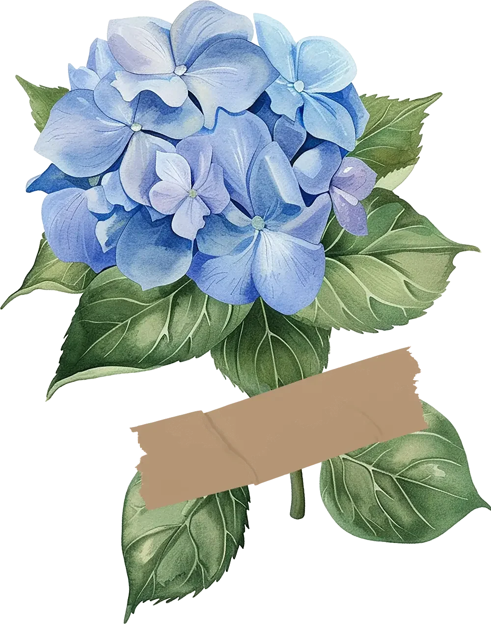 A watercolor illustration of a blue hydrangea flower with green leaves, featuring a blank tan paper label.