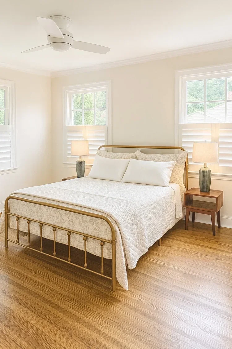 A minimalist bedroom with white walls, two windows with shutters, a brass bed with white bedding and pillows, two matching bedside tables with table lamps, a wooden floor, and a ceiling fan.