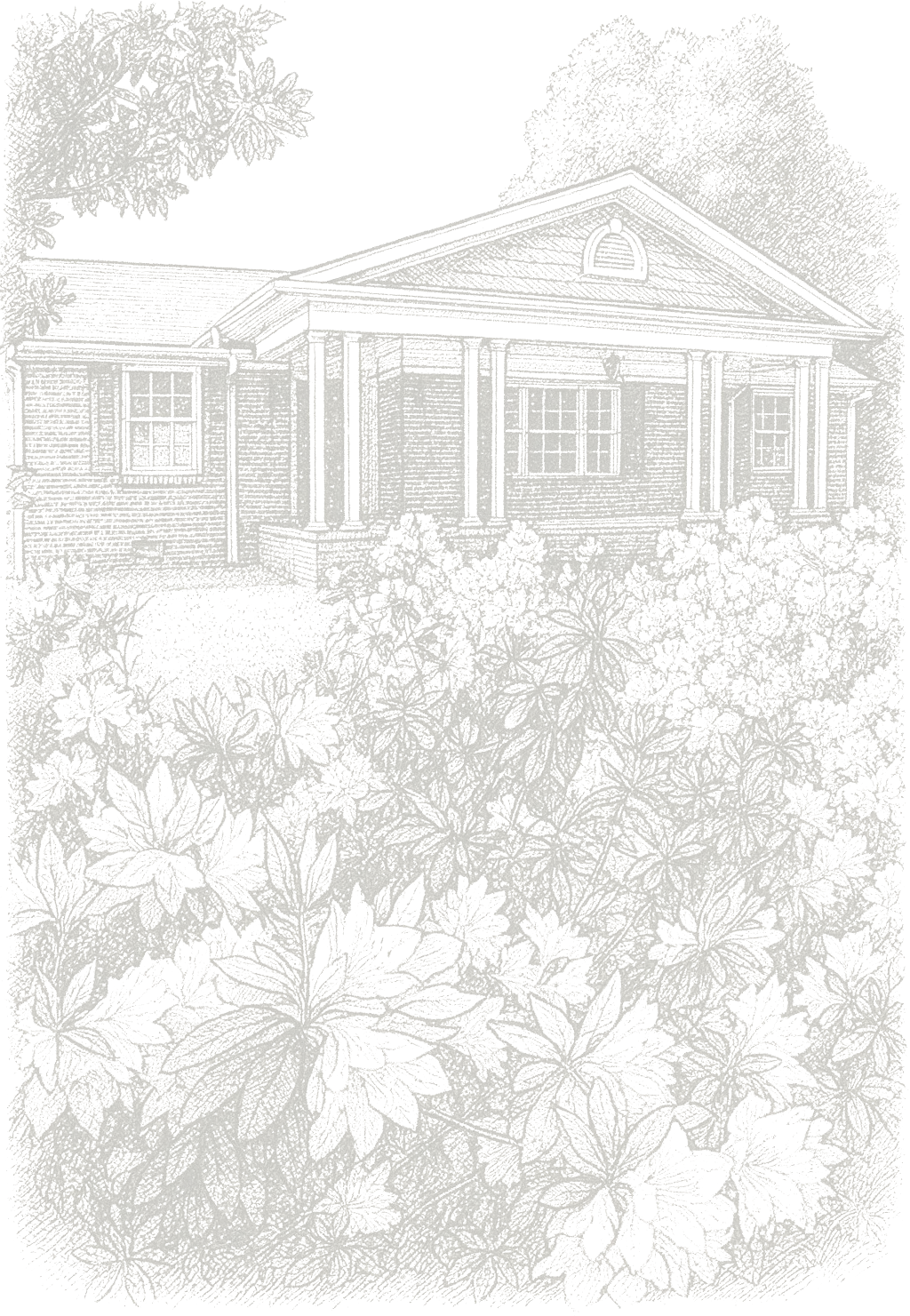 Illustration of a house with a front porch, surrounded by trees and bushes, in a sketch style.
