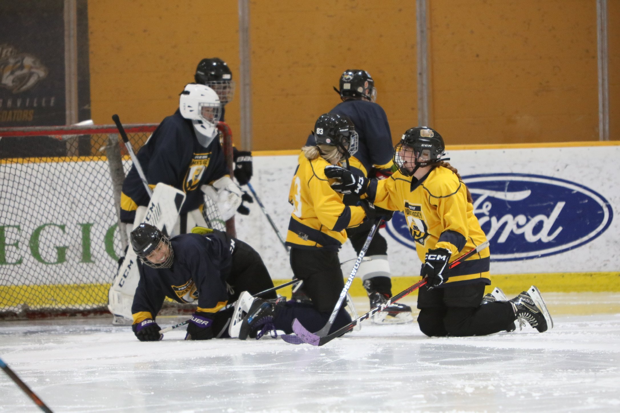 Hockey players on the ice during a game, with one player on the ground holding her stick and another kneeling, both wearing yellow jerseys. Other players and a goalie are in the background near the goal.