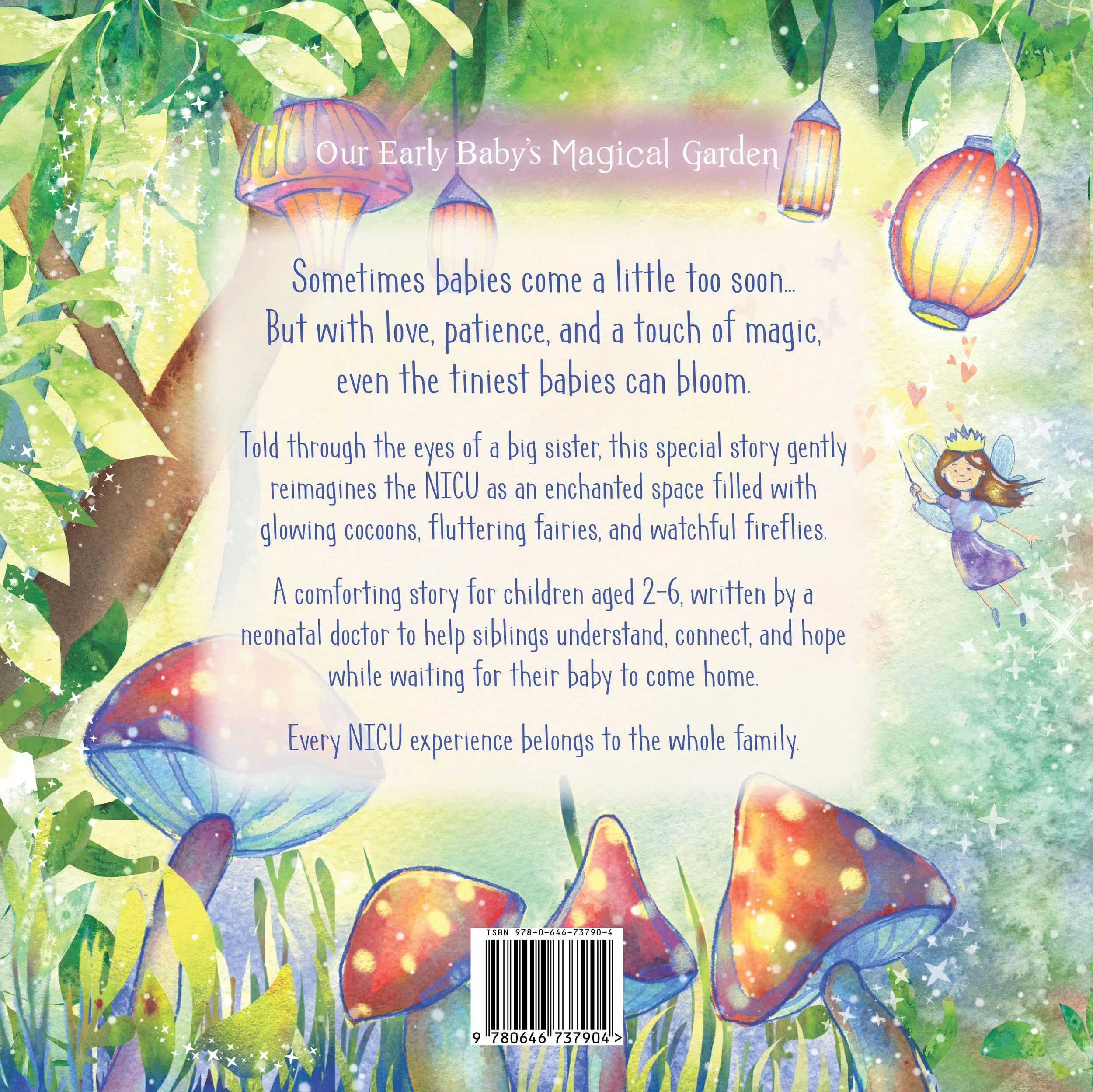 A colorful illustration of a magical garden with green leafy trees, glowing fairy lights, and vibrant orange and blue lanterns hanging from the branches. There are animated elements such as butterflies and sparkles, creating a whimsical and enchanting scene.