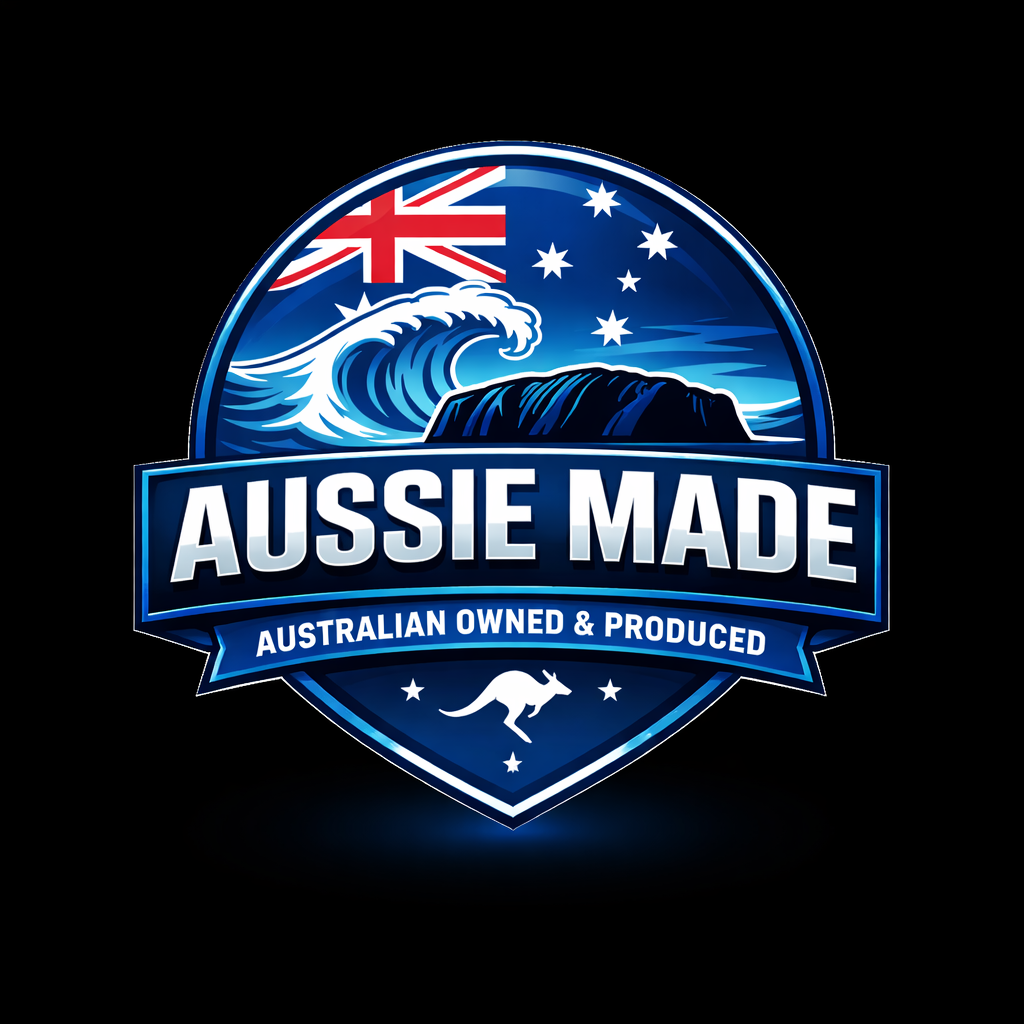 A badge logo with a blue background featuring a wave, an Australian flag, a mountain, a kangaroo, and the text 'Aussie Made' and 'Australian Owned & Produced'.
