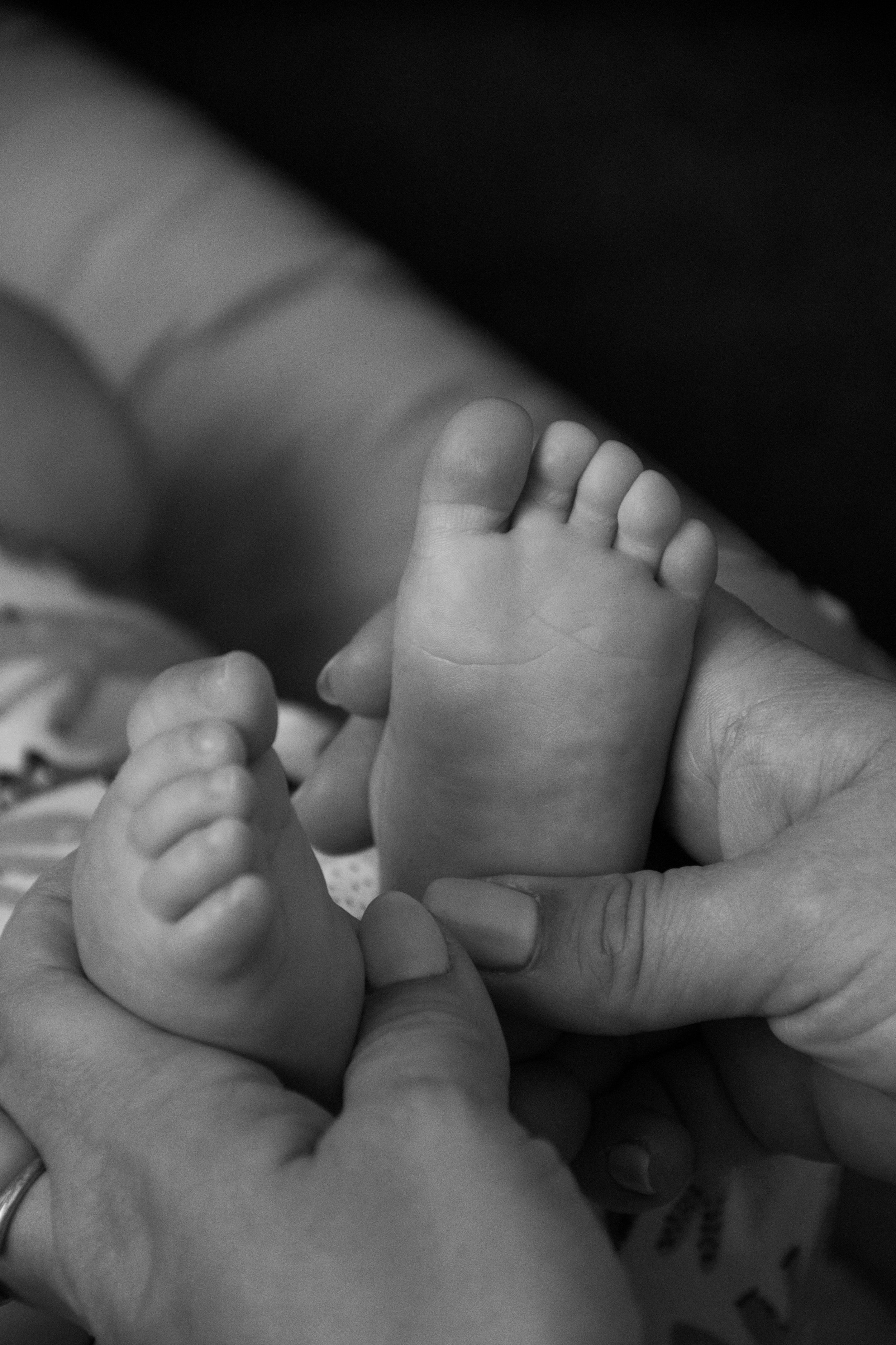 Close-up of a baby's tiny hand being held by an adult adult's hand in black and white.