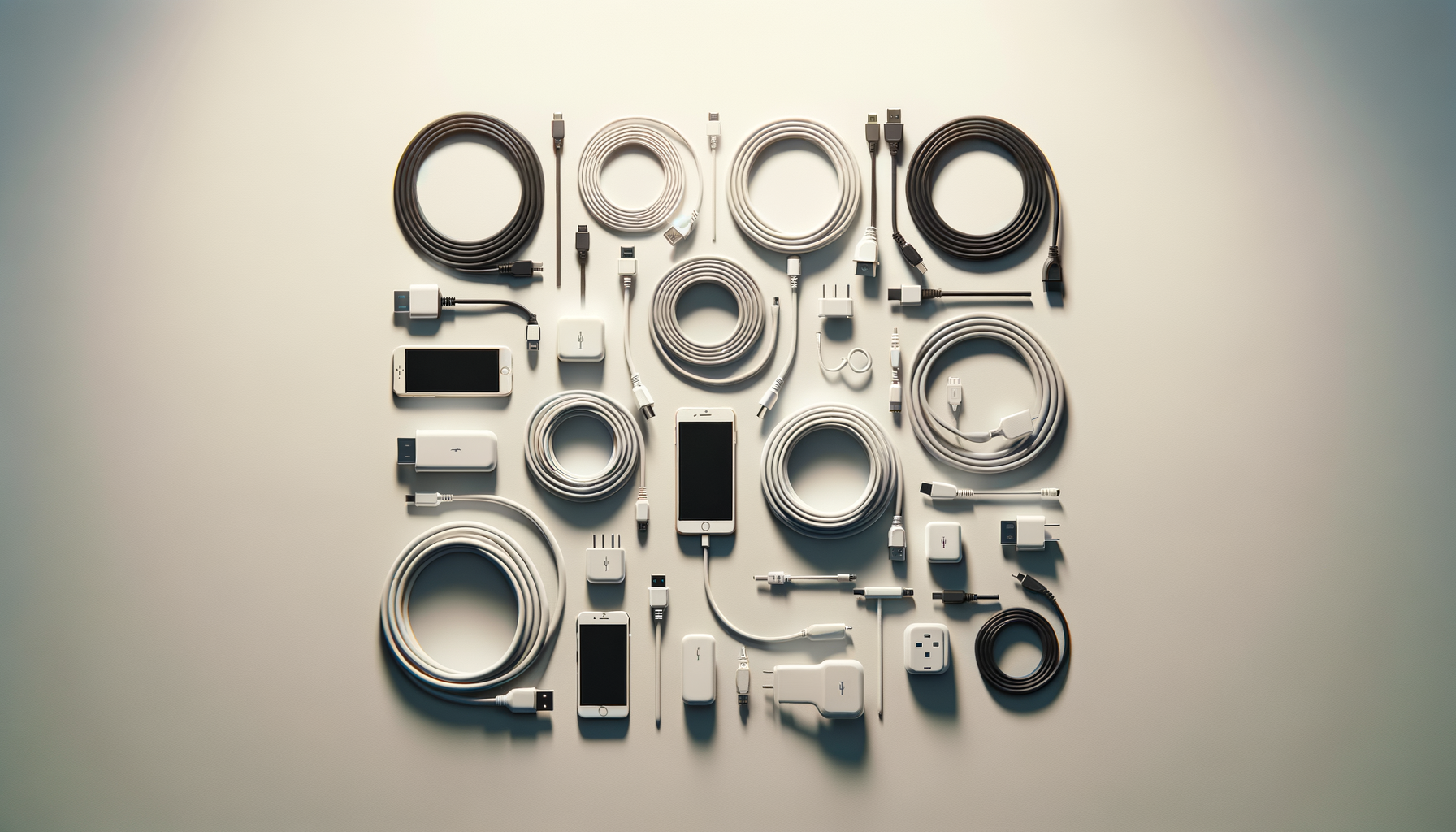 Collection of various mobile phone accessories and devices, including charging cables, adapters, and smartphones, arranged on a flat surface.