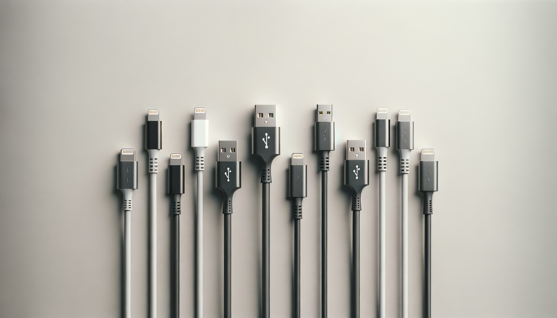 Several USB and Lightning charging cables arranged vertically on a light-colored surface.