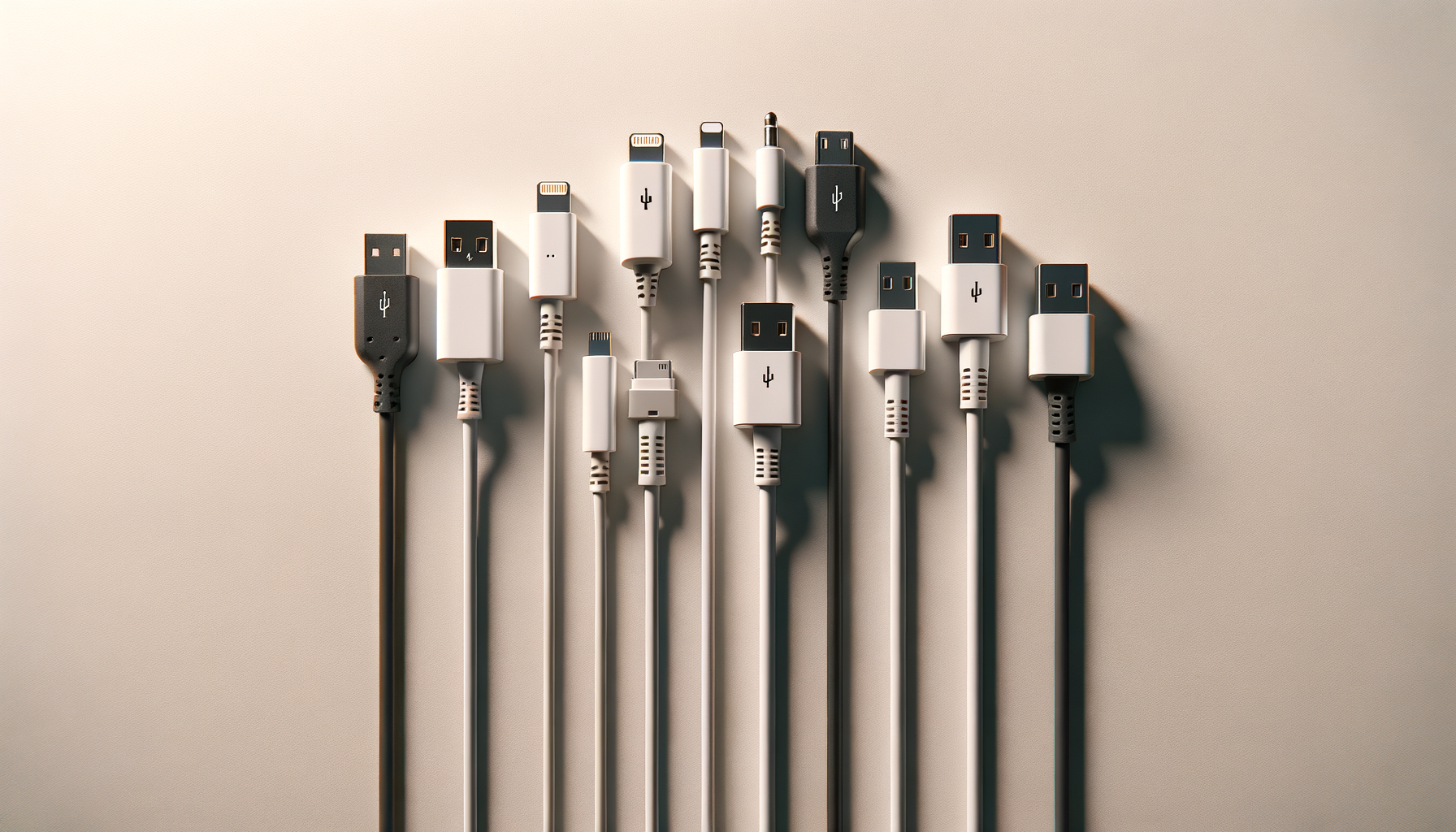 Collection of various black and white smartphone and electronic device charging cables on a plain surface.