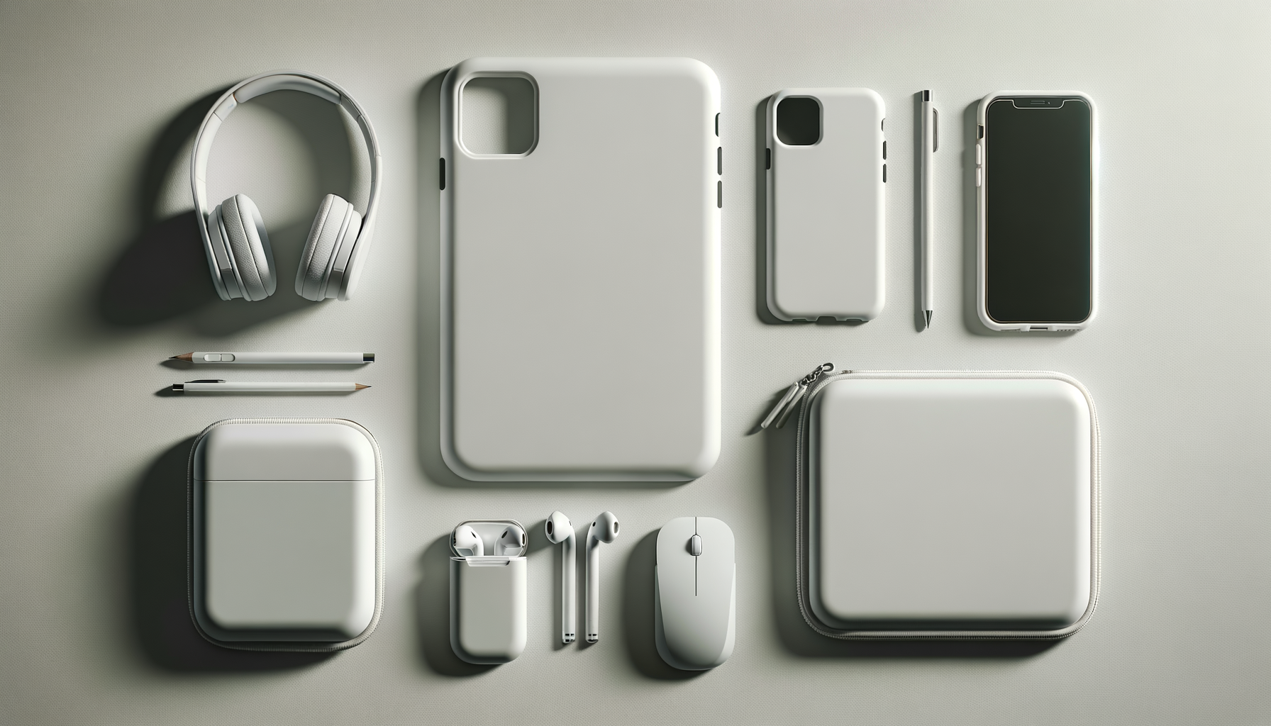 An organized collection of Apple electronic accessories including headphones, phone cases, a smartphone, a tablet, a laptop, chargers, earbuds, and a mouse, all in white.