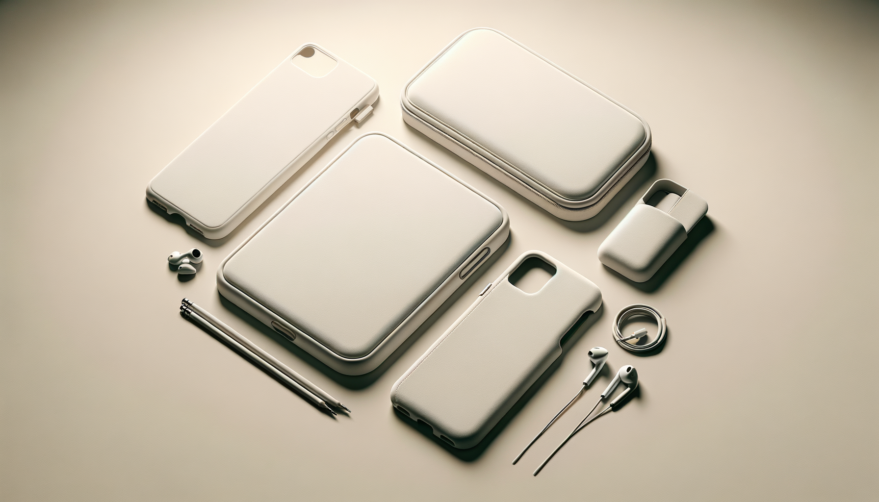 A collection of white tech accessories including smartphones, earbuds, a phone case, a pen, a portable charger, a small storage case, a pen, and a couple of cables laid out on a beige surface.
