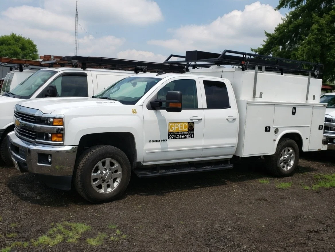 White utility truck with GPEC logo parked among other white vehicles on a gravel lot under a cloudy sky.