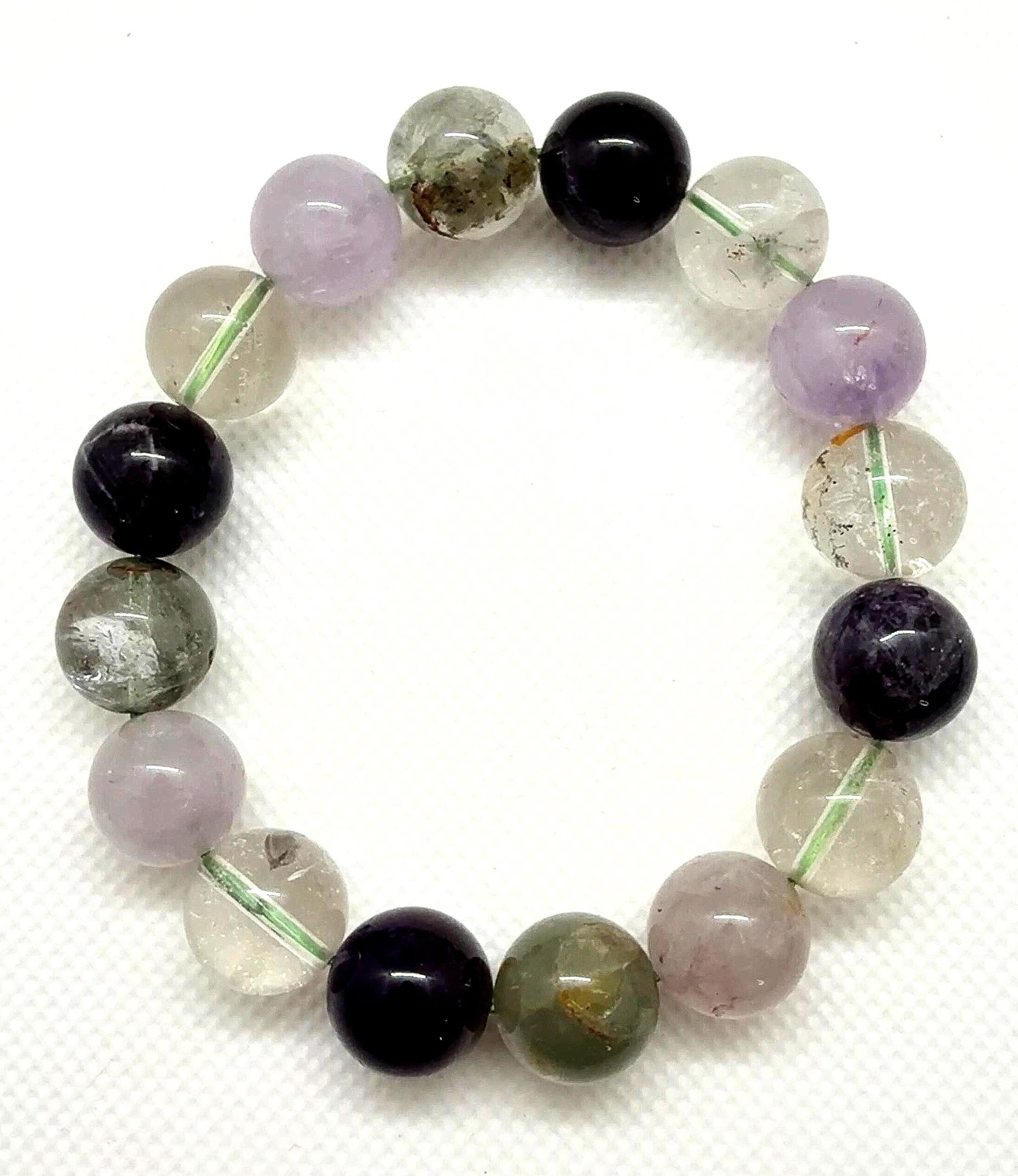 14mm Amethyst & Inclusion Quartz Bracelet | Garden Quartz, Clear Garden Quartz | Large Bead Statement Bracelet | High Grade Crystal Jewelry