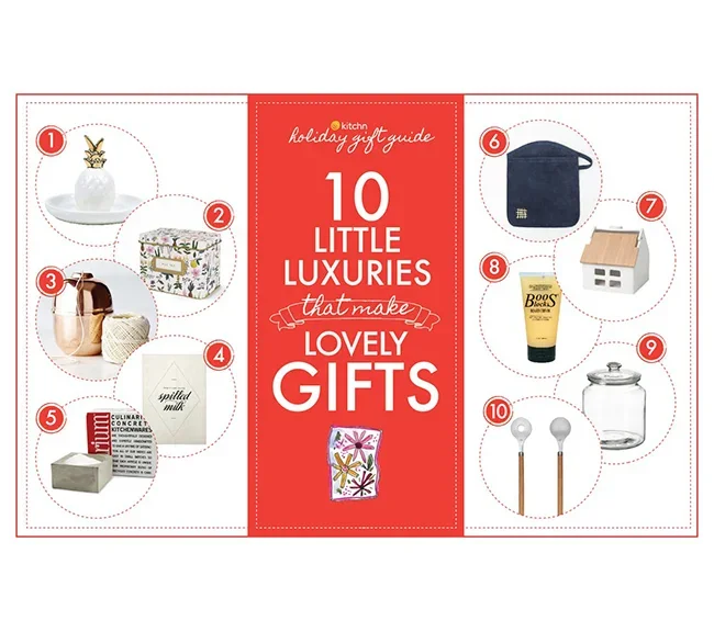 A holiday gift guide featuring ten small gift ideas, including a ceramic rabbit figurine with a gold crown, decorative tissue box, copper water bottle, white soap, gift box, navy pouch, miniature house, black sunblock, glass jar with lid, and kitchen utensils.
