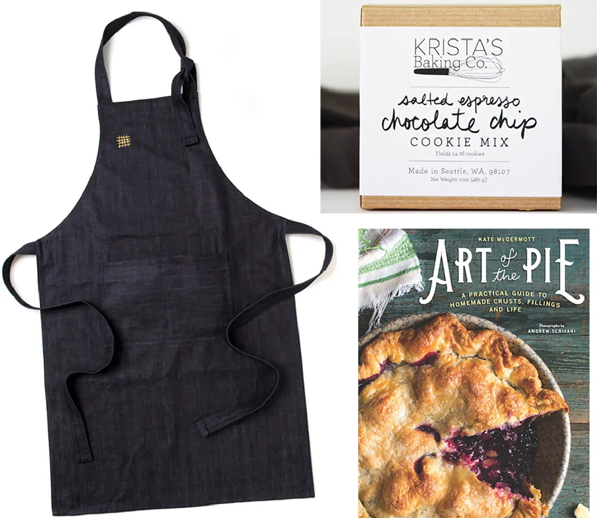 A black apron, a box of Krista's Baking Co. salted espresso chocolate chip cookie mix, and a book titled "Art of the Pie" featuring a berry pie on the cover.