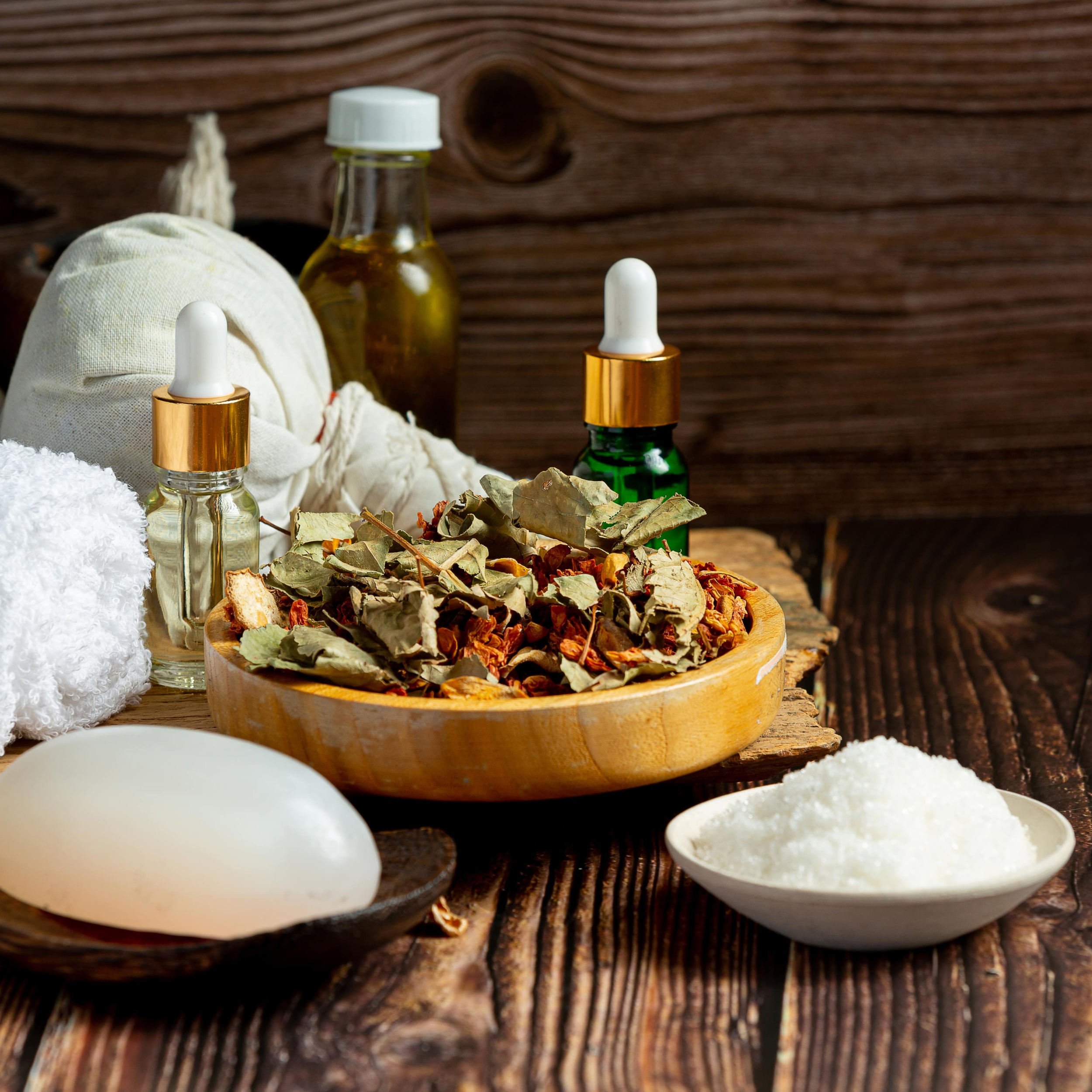 Ayurvedic herbs and essential oils for natural healing.