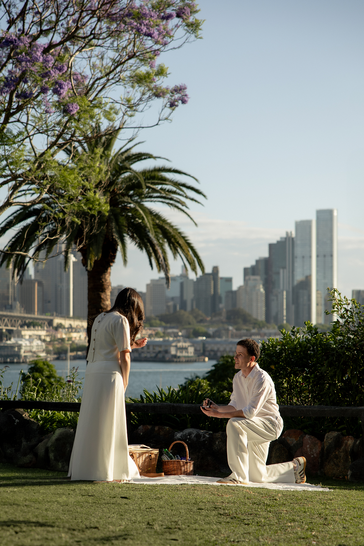 A man kneeling on one knee proposing to a woman in a park with lush greenery, a large palm tree, and purple flowering tree, with a city skyline and a river in the background